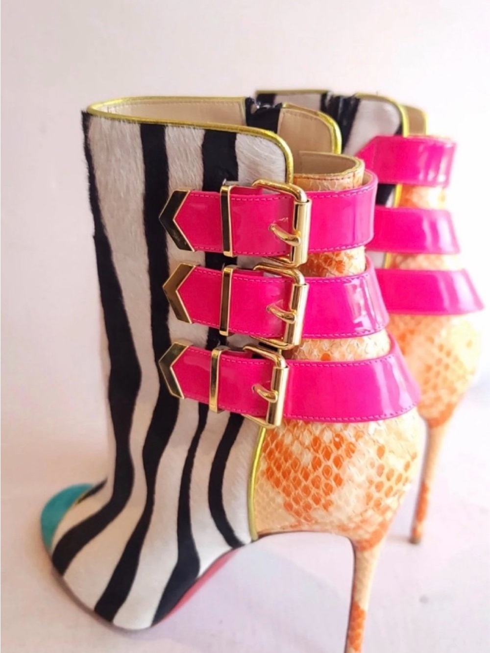 Zebra-Print Peep-Toe Ankle Booties with Hot Pink Buckle Straps - Picture 3 of 4